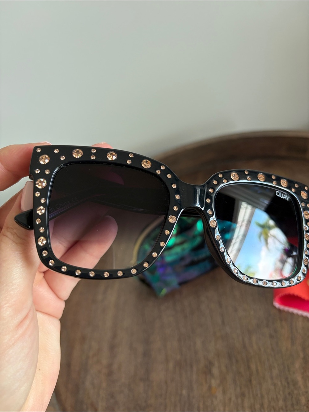 Quay Australia Black Crystal-Stud Square Sunglasses with Iridescent Pouch - Picture 3 of 13